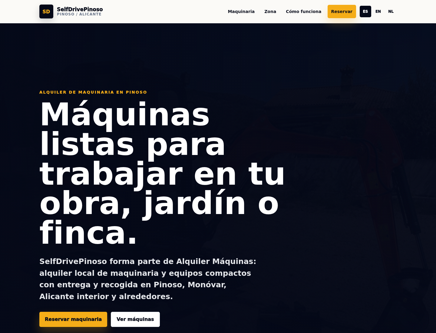 Screenshot of the SelfDrivePinoso machinery rental website homepage