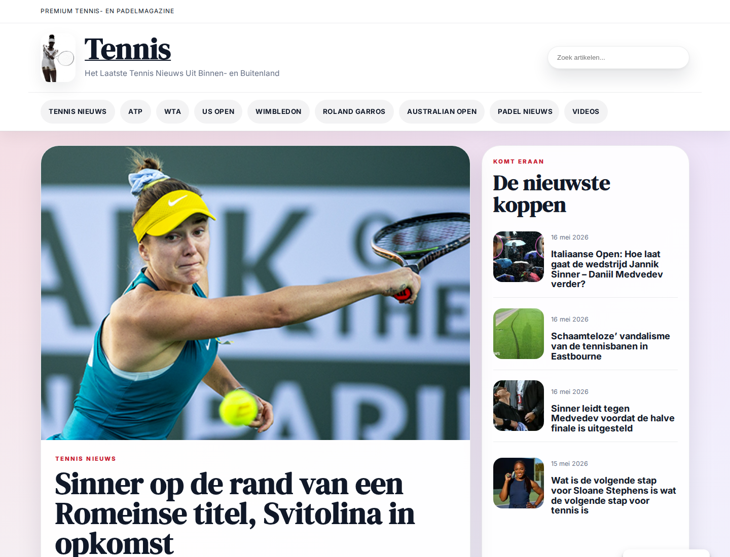 Screenshot of the tennismagazine.nl niche publishing website homepage